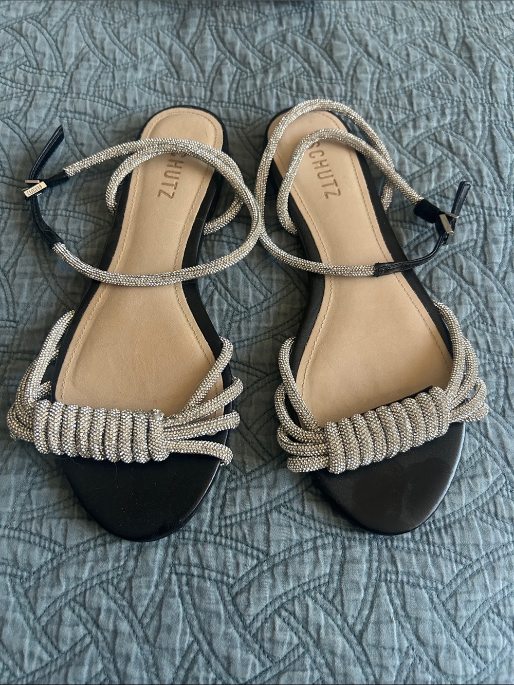 SCHUTZ Nappa Jewel Black Leather Sandals with Silver Beaded Wrap Straps